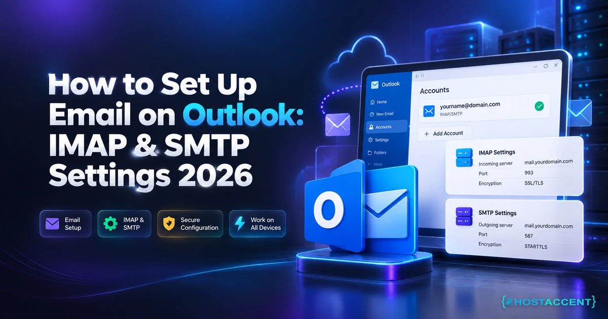 How to set up email on Outlook with IMAP and SMTP settings, showing server names, ports and SSL options for 2026